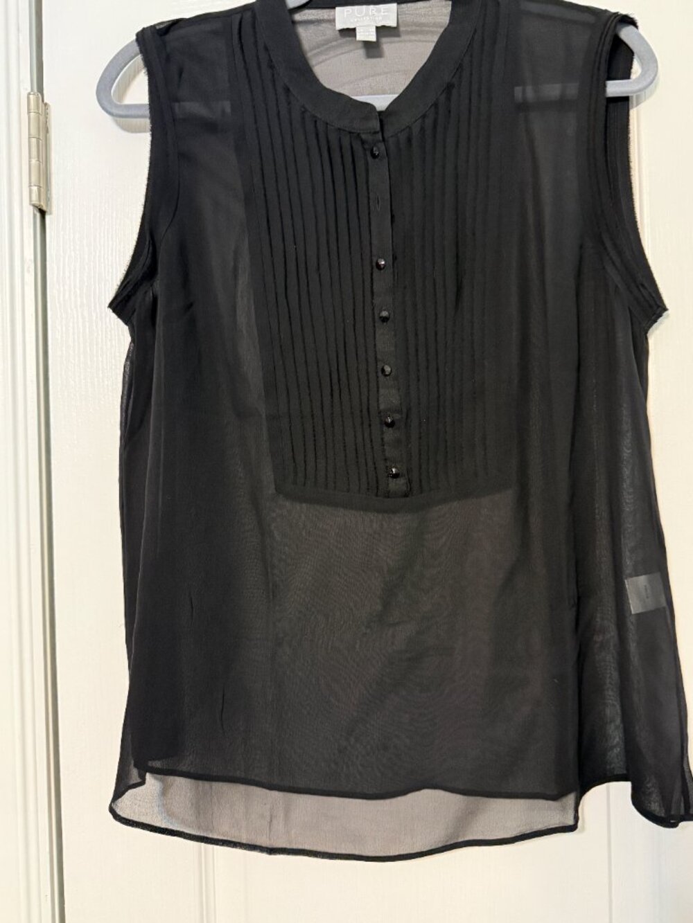 PURE Collection Black 100% Silk Sleeveless Pintuck Blouse Size US 14/16